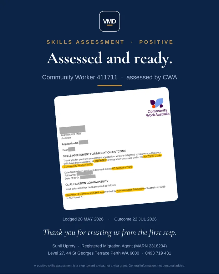 Skills assessment graphic — Community Worker. Client details redacted.
