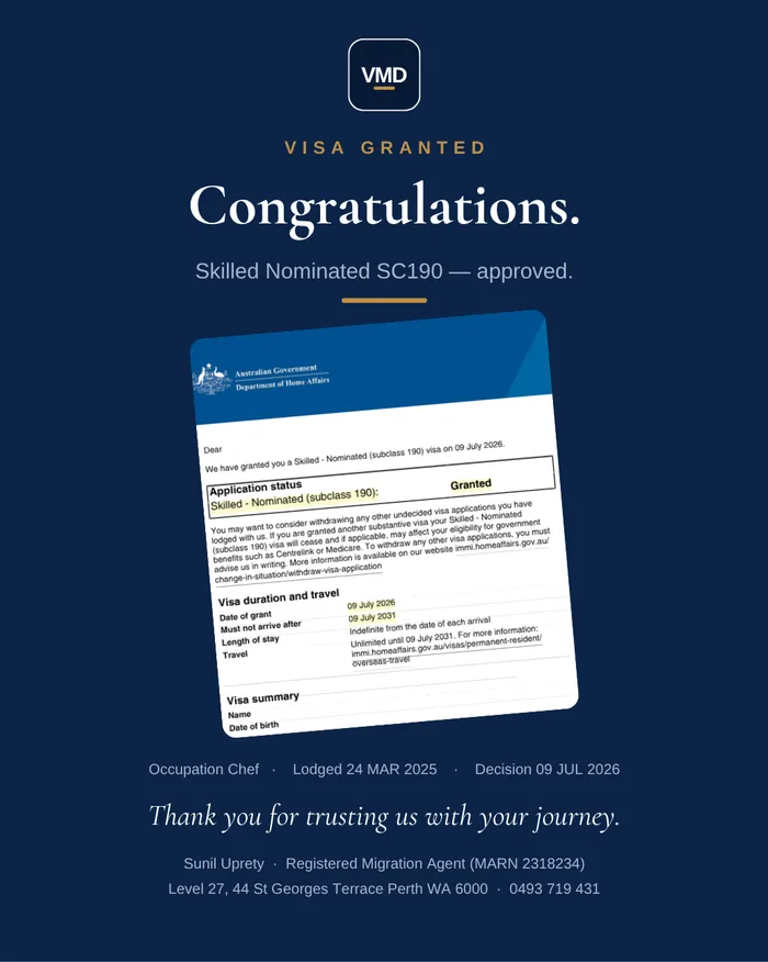 Visa grant graphic — Subclass 190 (Skilled Nominated). Client details redacted.