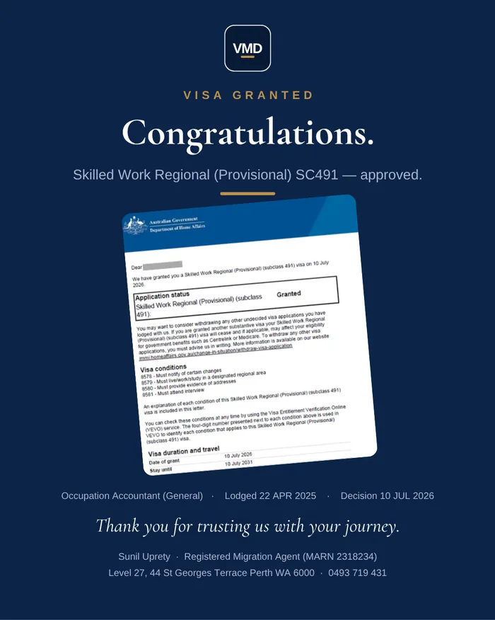 Visa grant graphic — Subclass 491 (Skilled Work Regional). Client details redacted.
