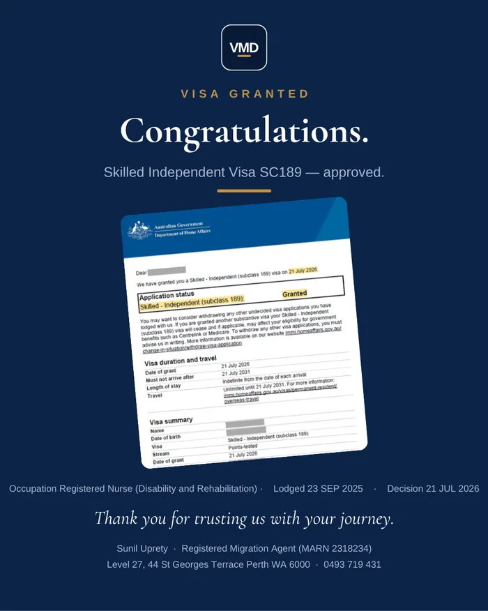 Visa grant graphic — Subclass 189 (Skilled Independent). Client details redacted.