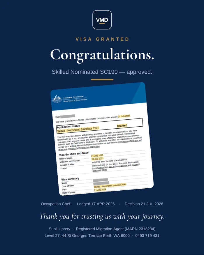 Visa grant graphic — Subclass 190 (Skilled Nominated). Client details redacted.