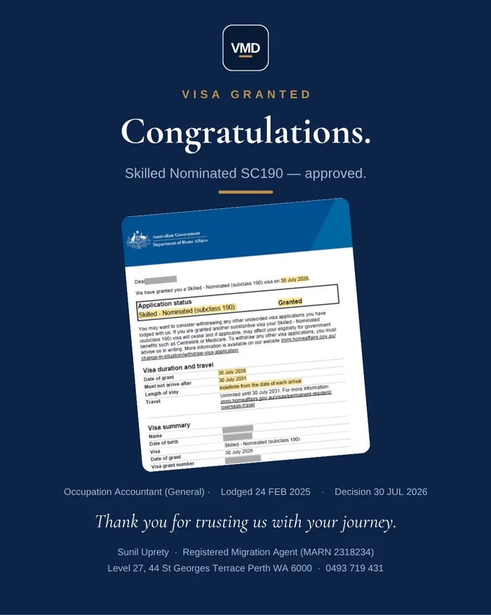 Visa grant graphic — Subclass 190 (Skilled Nominated). Client details redacted.