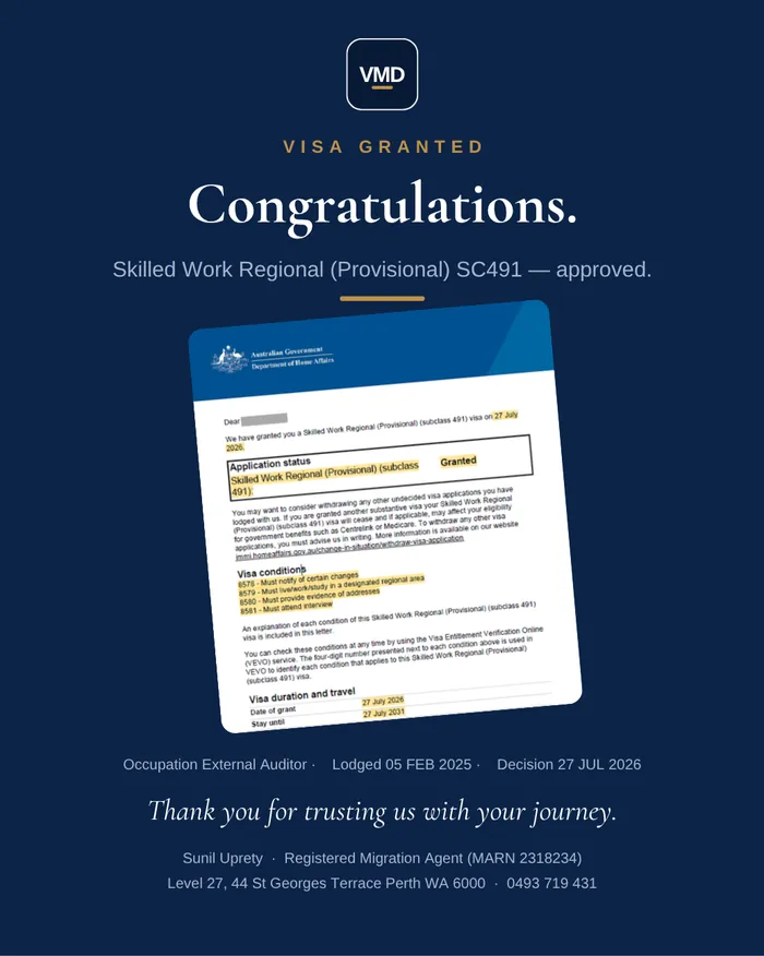 Visa grant graphic — Subclass 491 (Skilled Work Regional). Client details redacted.