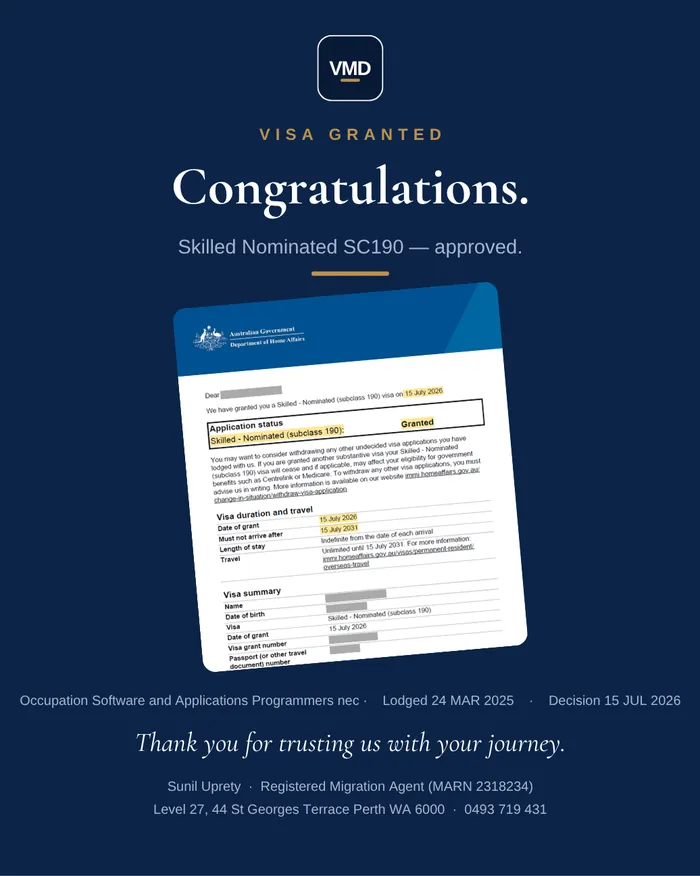 Visa grant graphic — Subclass 190 (Skilled Nominated). Client details redacted.