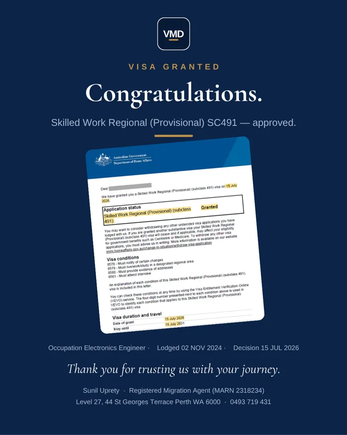 Visa grant graphic — Subclass 491 (Skilled Work Regional). Client details redacted.