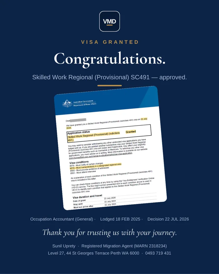 Visa grant graphic — Subclass 491 (Skilled Work Regional). Client details redacted.
