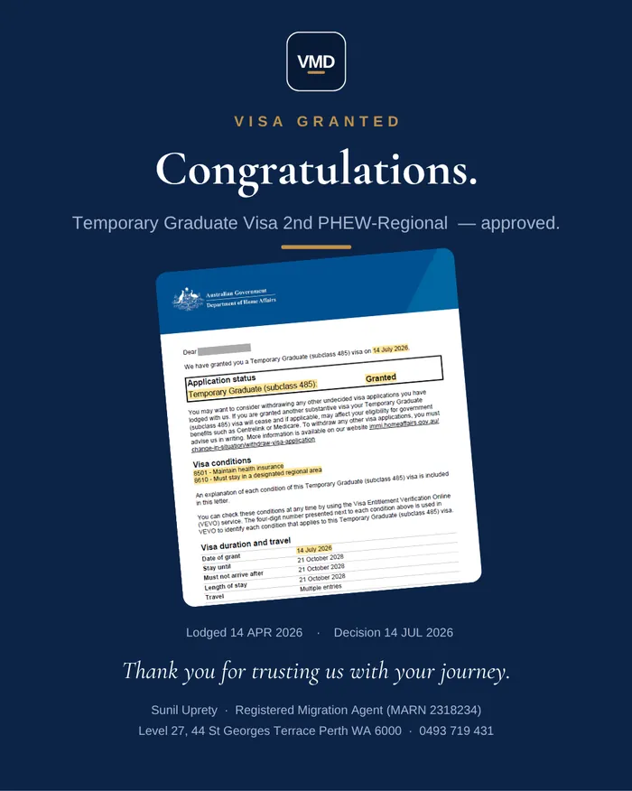 Visa grant graphic — Subclass 485 (Temporary Graduate). Client details redacted.