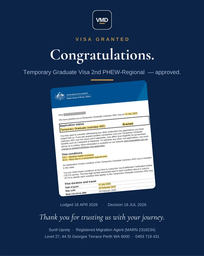 Visa grant graphic — Subclass 485 (Temporary Graduate). Client details redacted.