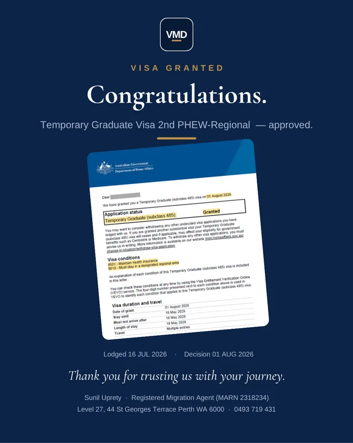 Visa grant graphic — Subclass 485 (Temporary Graduate). Client details redacted.