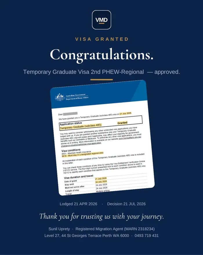 Visa grant graphic — Subclass 500 (Student). Client details redacted.