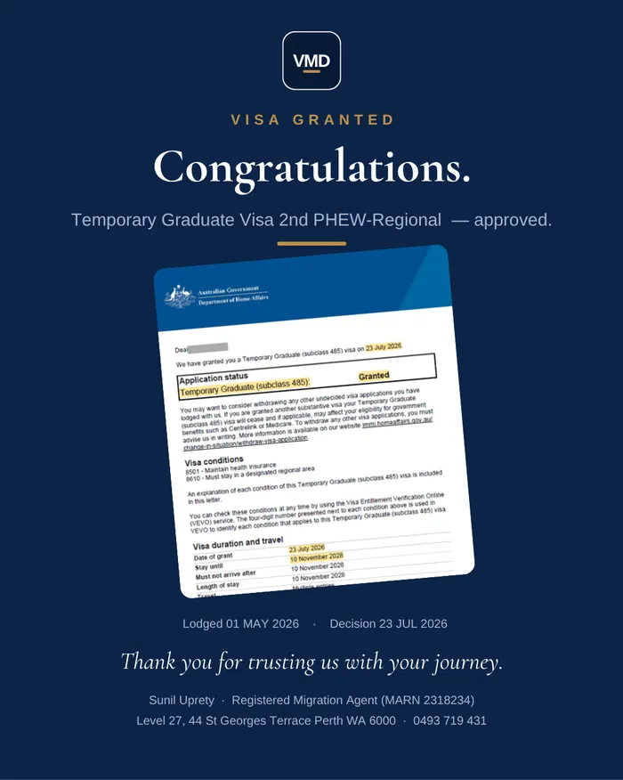 Visa grant graphic — Subclass 500 (Student). Client details redacted.
