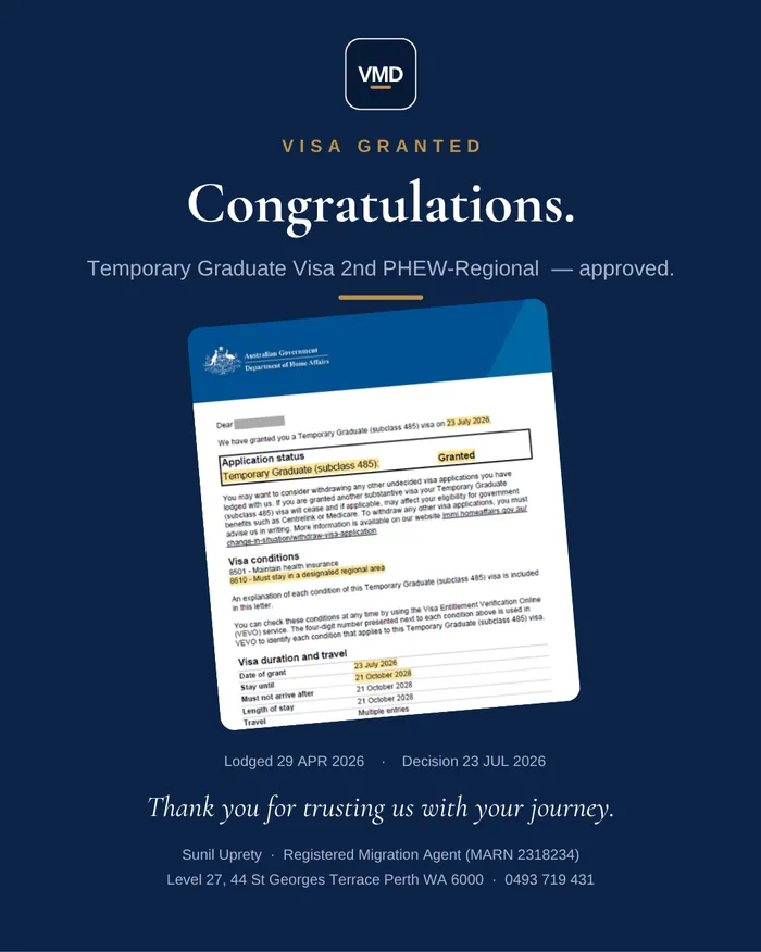 Visa grant graphic — Subclass 500 (Student). Client details redacted.