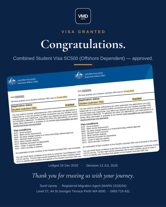 Visa grant graphic — Subclass 500 (Student). Client details redacted.