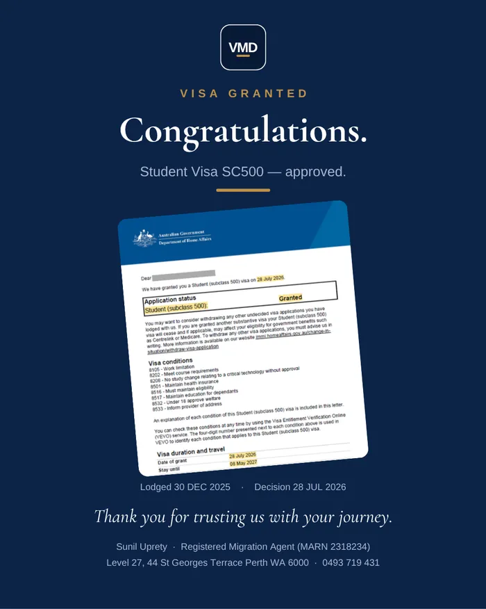 Visa grant graphic — Subclass 500 (Student). Client details redacted.